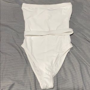 White strapless one piece swim suit
